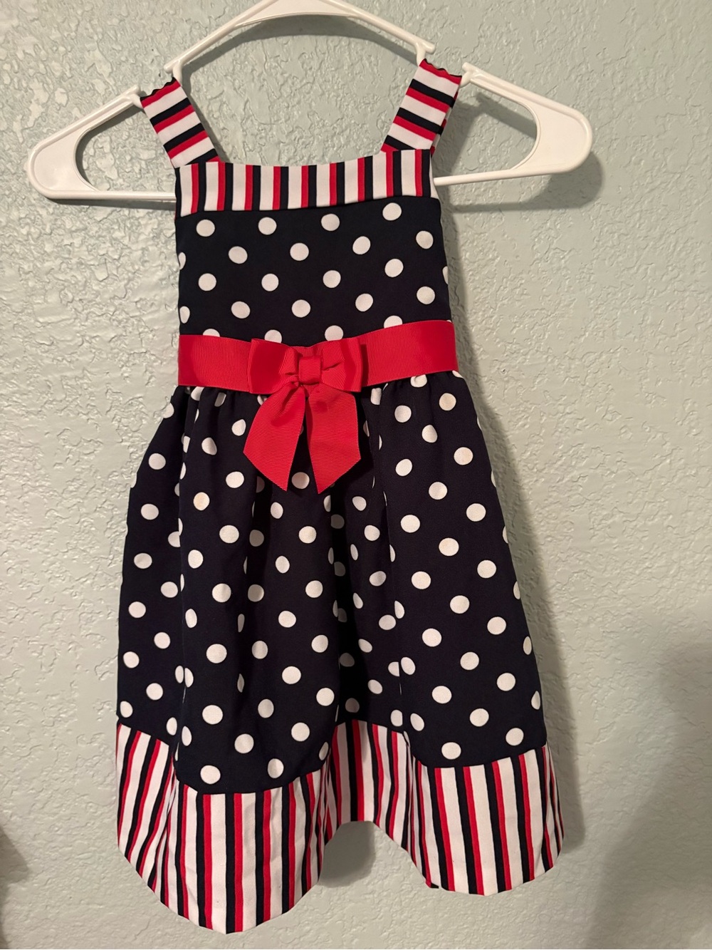 Girls Red White & Blue Polka Dot Dress with Red Bow Back Tie Sz 4T